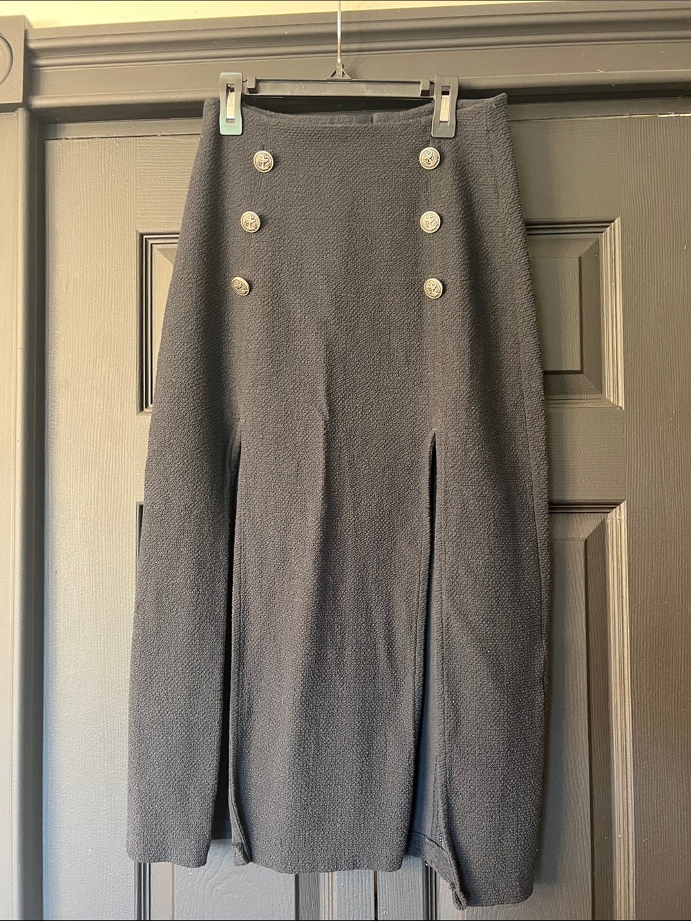Anthropologie Black Midi Skirt with Decorative Double Buttons